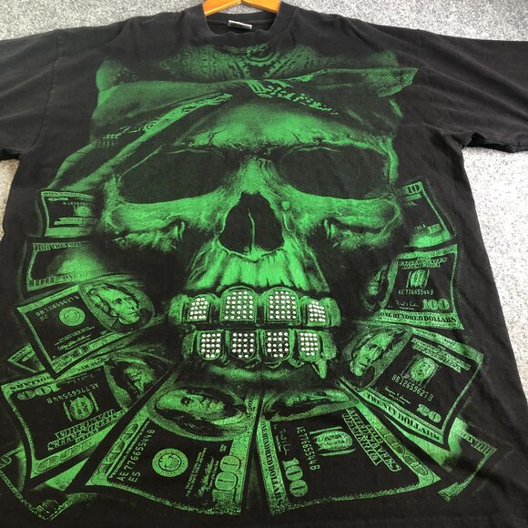 Big Tiger Shirt Mens XXL TALL Black Green Skull Money Y2K 90 Vintage Bling Rap - Picture 1 of 14